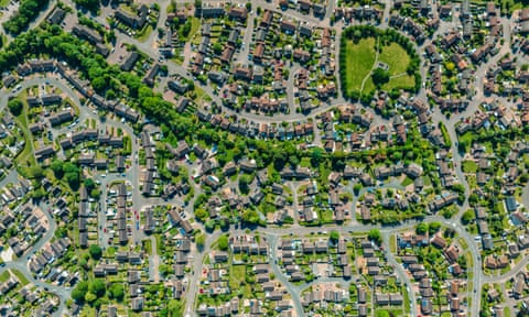 Aerial photograph of an suburban area showing the layout of streets and parks