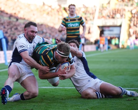 Callum Chick scores his side’s third try during the match between Northampton and Bristol