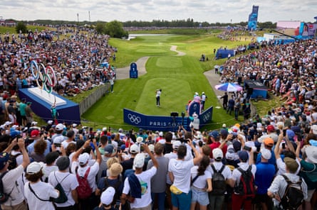 Tommy Fleetwood of Great Britain tees off at the first hole during day four of the men’s individual stroke play.