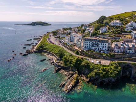 Aerial view of Looe estuary in Looe, showing how close the isalnd is to the mainland.