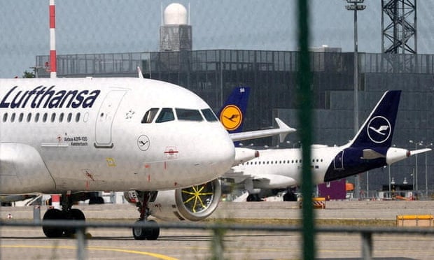 Lufthansa planes at Frankfurt airport in Germany.