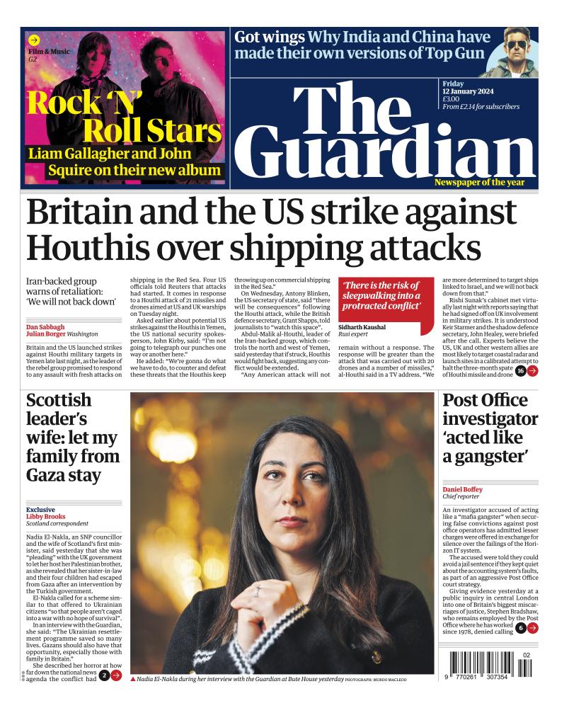 Guardian front page, Friday 12 January 2023