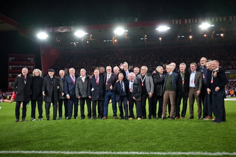 Players from the 1979 European Cup final between Nottingham Forest and Malmö are pictured together on the City Ground pitch ahead of their contemporary counterparts’ match.