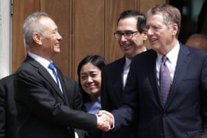 Smiles, but still miles apart. Chinese Vice Premier Liu He (left) leaving talks with U.S. Treasury Secretary Steven Mnuchin (centre) and U.S. Trade Representative Robert Lighthizer last Friday