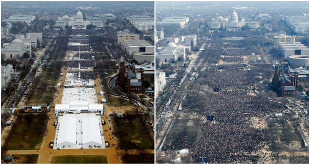  Crowds on the National Mall just before Donald Trump's inauguration in 2017 (left) and Barack Obama's in 2009. Photograph: Reuters
