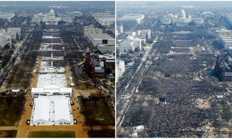 A combination of photos shows the crowds attending the inauguration ceremonies of Donald Trump, left, and Barack Obama. These pictures were taken by Reuters, and were not the edited NPS images.
