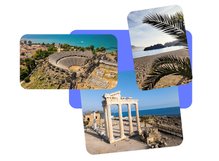 Side Antik Tiyatrosu, Manavgat. Antalya, Türkiye'deki Side antik kenti ve amfitiyatrosunun havadan drone görüntüsü. Antalya, Türkiye'deki Side'deki Apollon Tapınağı kalıntılarının çarpıcı manzarası. Deniz kıyısındaki kumlu bir plajın güzel manzarası, Türkiye