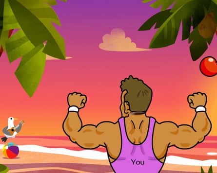 A picture of a bodybuilder on a beach with palm trees