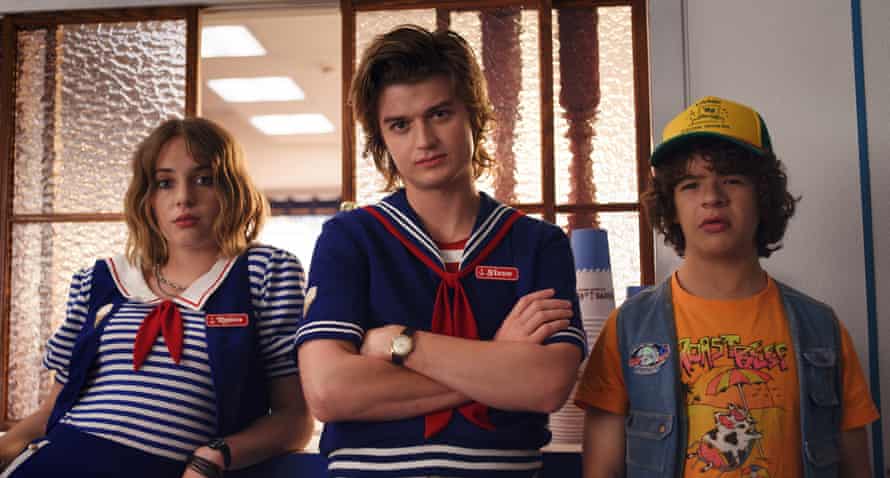 Hawke with Joe Keery and Gaten Matarazzo in series three of Stranger Things.