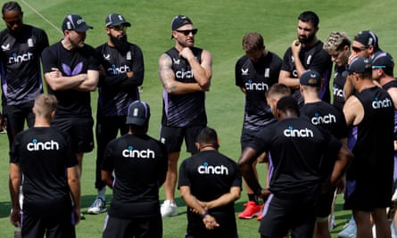 England head coach Brendon McCullum with his players during training