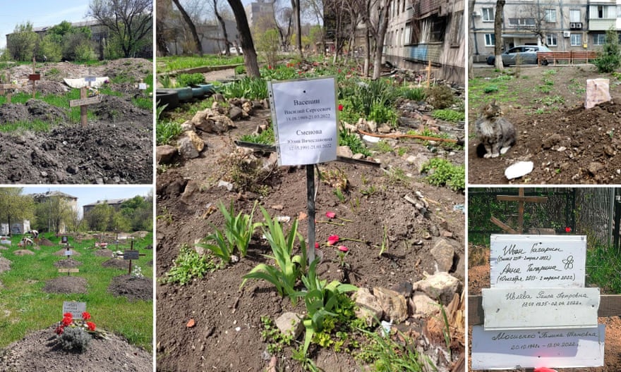 Multiple makeshift graves dug next to apartment buildings in Mariupol