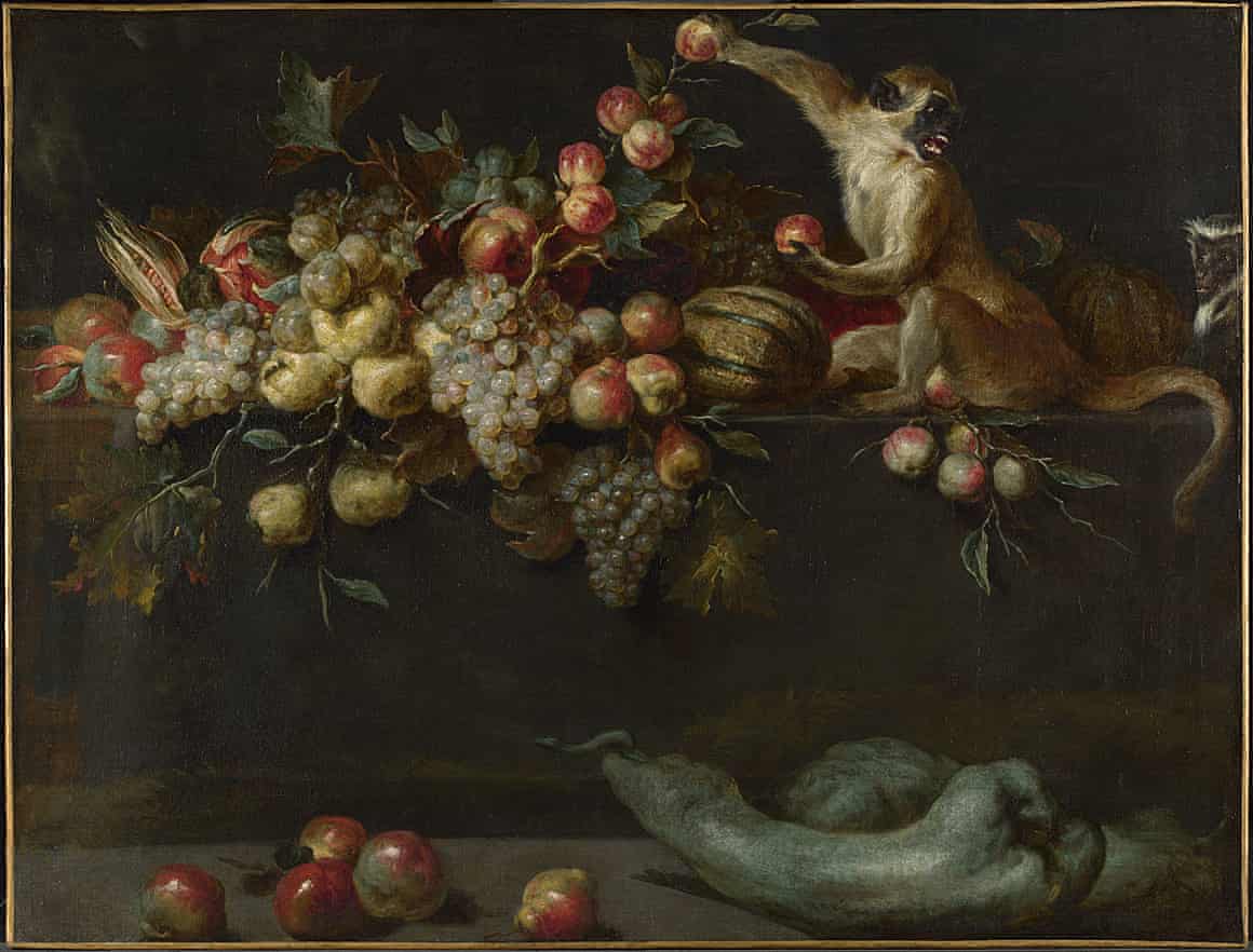 Still Life of Fruit and Vegetables with Two Monkeys by Jan Roos, painted around 1620