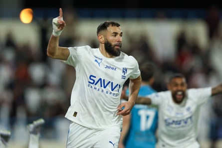 Karim Benzema of Al-Hilal after scoring the against Al-Okhdoud.