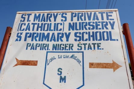 A school sign reads: St Mary’s private Catholic nursery and primary school, Papiri, Niger state