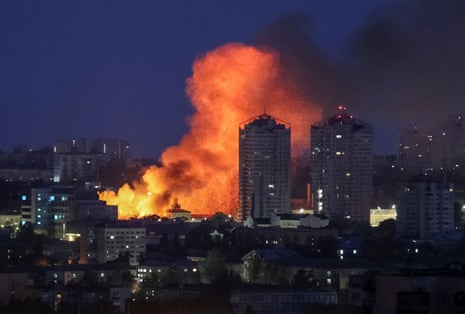 Fire and smoke rise in the aftermath of a Russian drone strike, amid Russia’s attack on Ukraine, in Kyiv, Ukraine.