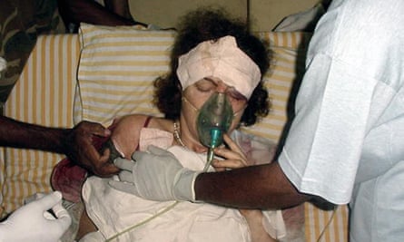 Being treated in hospital in Sri Lanka in 2001, where she lost an eye after being hit by a rocket-propelled grenade.