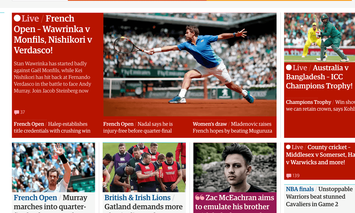 Sports live blogs appearing on the guardian website