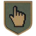 A patch with a pixelated computer cursor hand