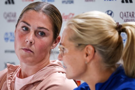 England manager Sarina Wiegman and goalkeeper Mary Earps (left) participate in a press conference on the eve of the Women’s World Cup match against Colombia.