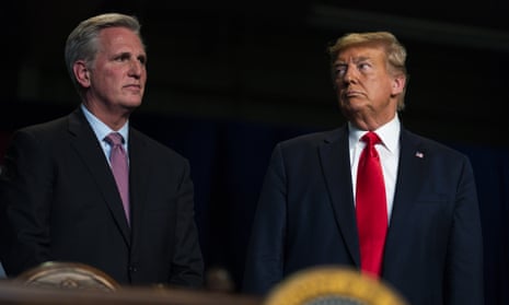 Kevin McCarthy, the top Republican in the House, with Donald Trump in California in February 2020.