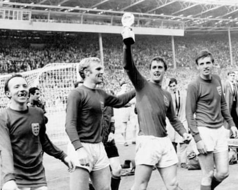 England players Nobby Stiles, Bobby Moore, Geoff Hurst and Martin Peters celebrate after the 1966 World Cup final.