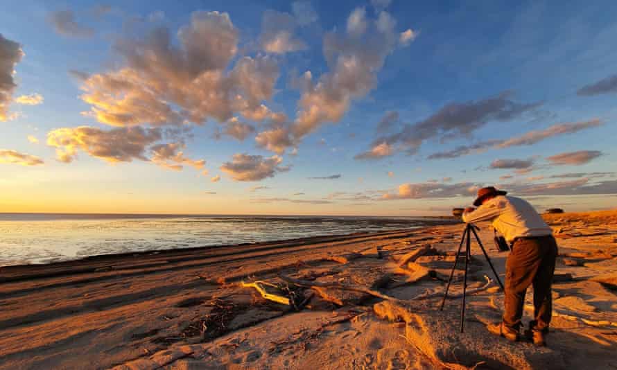 David Mead is standing on the shore looking down a telescope, scoping the mudflats for waders in the Gulf of Carpentaria