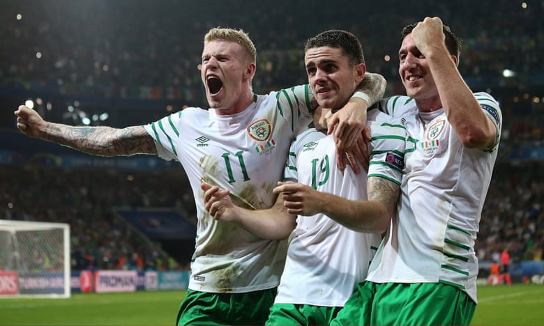 Robbie Brady, centre, celebrates with team-mates James McClean, left, and Stephen Ward after the Republic of Ireland’s victory over Italy.