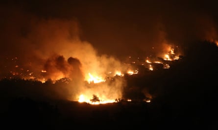 A wildfire seen burning at night among trees