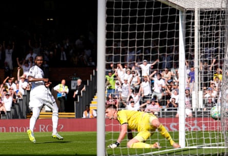 Fulham’s Issa Diop scores their side’s first goal against Newcastle