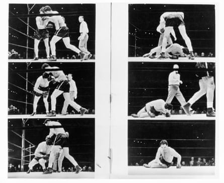 A sequence of images showing the first knockdown of Max Schmeling by Joe Louis in their title bout at the Yankee Stadium in 1938.