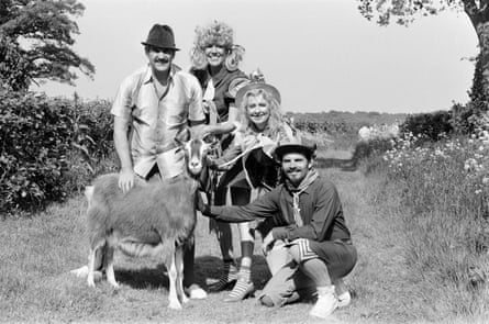 The cast of the BBC show Rentaghost (from left Edward Brayshaw, Sue Nicholls, Molly Weir and Michael Staniforth) with Nanny the goat, pictured in 1983.