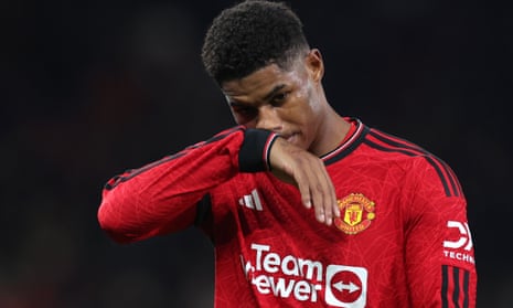 Marcus Rashford reacts during the Champions League match between Manchester United and Copenhagen at Old Trafford