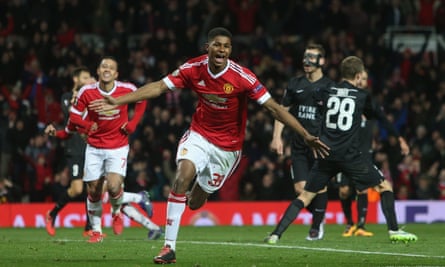 Marcus Rashford celebrates after scoring against Midtjylland at Old Trafford in February 2016.