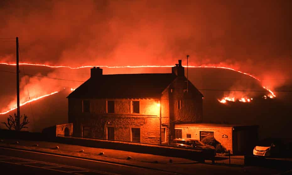 A wildfire burns on Saddleworth Moor on 26 February 2019, the country’s hottest winter day on record.