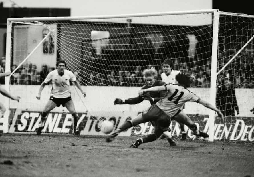 Watford’s Jan Lohman shoots past Gary Bailey to score the winner at Vicarage Road in 1982.