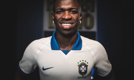 Brazilian striker Vinicius Jr wears the special edition white and blue shirt reimagined for the 2019 Copa America.