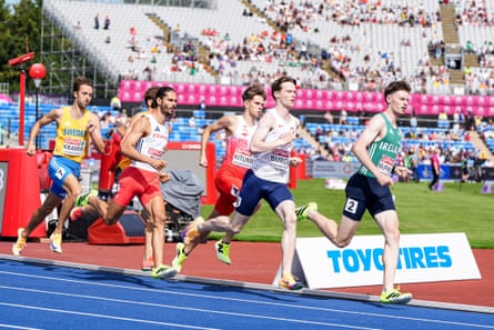 Max Burgin of Great Britain (second right) on his way to winning one of the 800m heats.