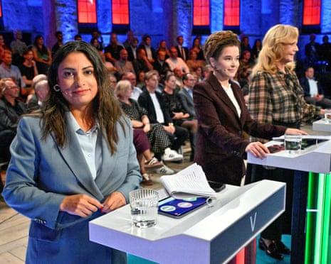 Nooshi Dadgostar, from the Left Party, Amanda Lind, from the Green Party, and Elisabeth Thand Ringqvist, from the Center Party, stand ahead of Swedish state television’s final debate in Gavle, Sweden.