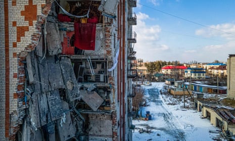 A damaged residential building in the town of Lyman, Donetsk region