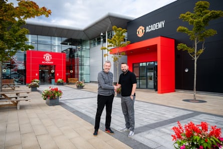 Manchester United’s director of football Jason Wilcox welcomes the new academy director Stephen Torpey at the training ground