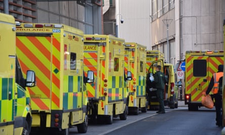 Ambulances in a queue outside the Royal London Hospital