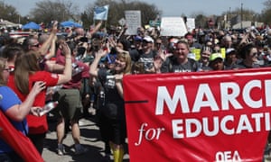 Marchers are greeted at the state Capitol after marching 110 miles from Tulsa as protests continue over school funding, in Oklahoma City, on 10 April. 2943.jpg?w=300&q=55&auto=format&usm=12&f