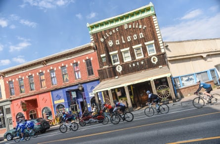 Riding through the town of Leadville, known for its 100-mile ultrarunning and MTB races.