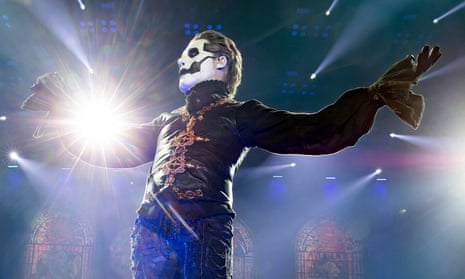 Tobias Forge of Ghost performing at Manchester Arena.