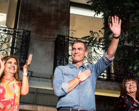 President Pedro Sánchez greets the supporters of the left-wing PSOE party celebrating after the results of the 23 July elections in 2023.