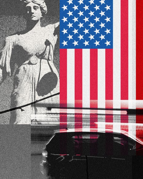 A collage showing a US flag, a justice statue a car, a man and some barbed-wire fencing