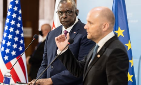 US defense secretary Lloyd Austin (L) and Slovakia’s defense minister Jaroslav Nad (R) give a joint press conference on their meeting in Bratislava moments ago.