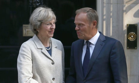 Theresa May (left) greets European council president Donald Tusk in Downing Street in September 2016