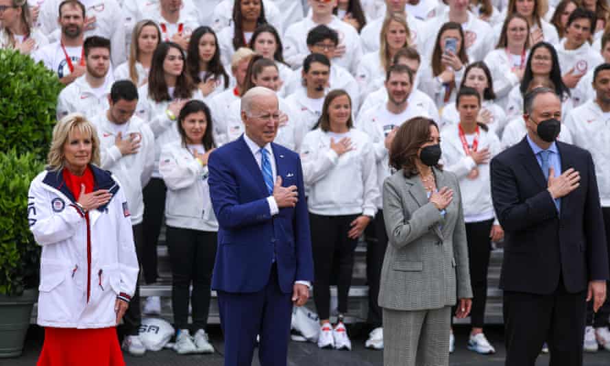 Jill Biden, Joe Biden, Kamala Harris and Doug Emhoff welcome Team USA to the White House Wednesday.