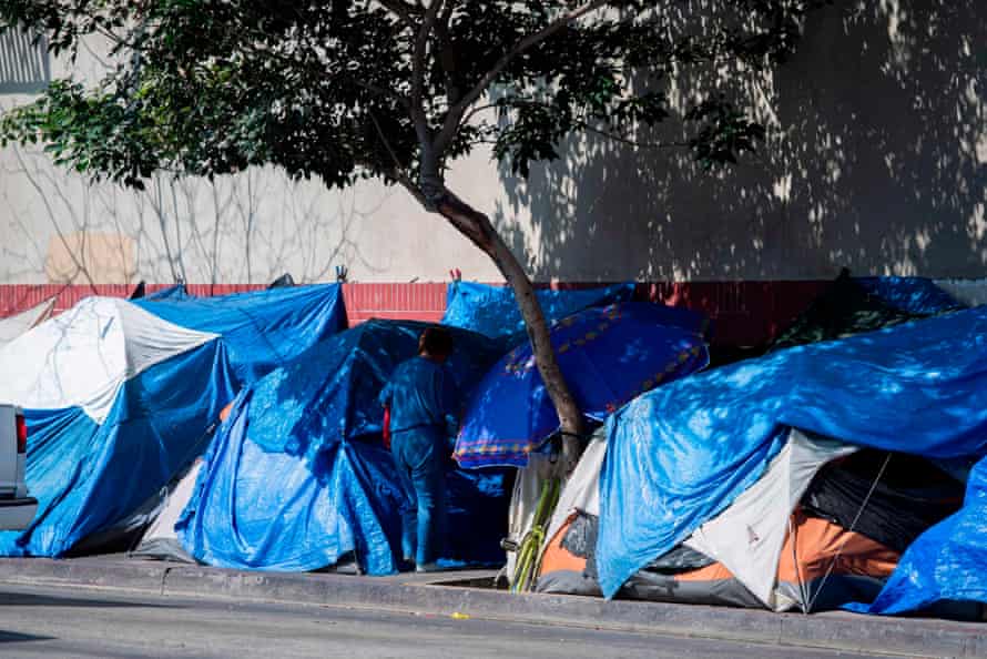 Tents line the street in the Skid Row area of Los Angeles.